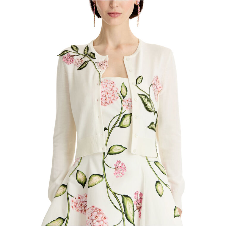 Long Sleeve Cropped Classic Cardigan With Floral Embroidery image number null