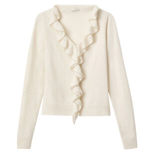 Cashmere Ruffle Trim Button Front Sweater