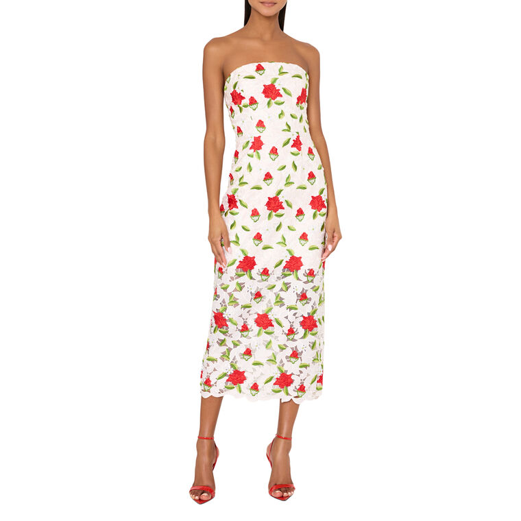 Kait Strapless Rose Embroidered Lace Midi Dress image number null