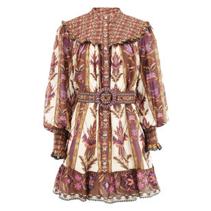 Embroidered Tapestry Print Long Sleeve Mini Dress