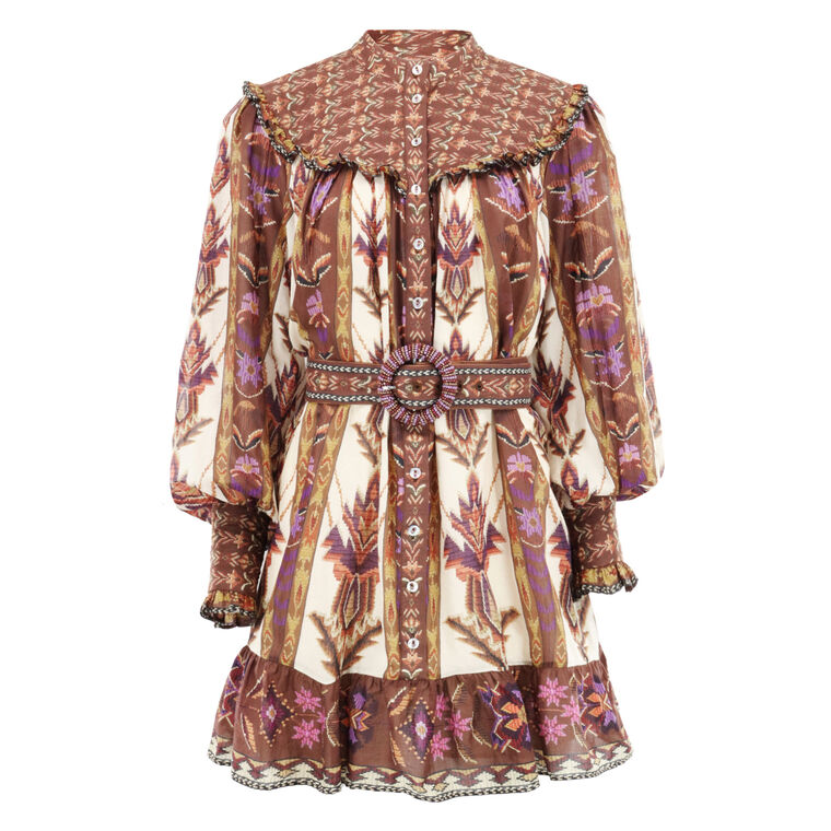 Embroidered Tapestry Print Long Sleeve Mini Dress image number null