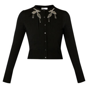 Cropped Merino Wool Cardigan With Embellished Neckline