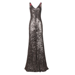 Sleeveless Floral Applique Stretch Sequin V-Neck Gown