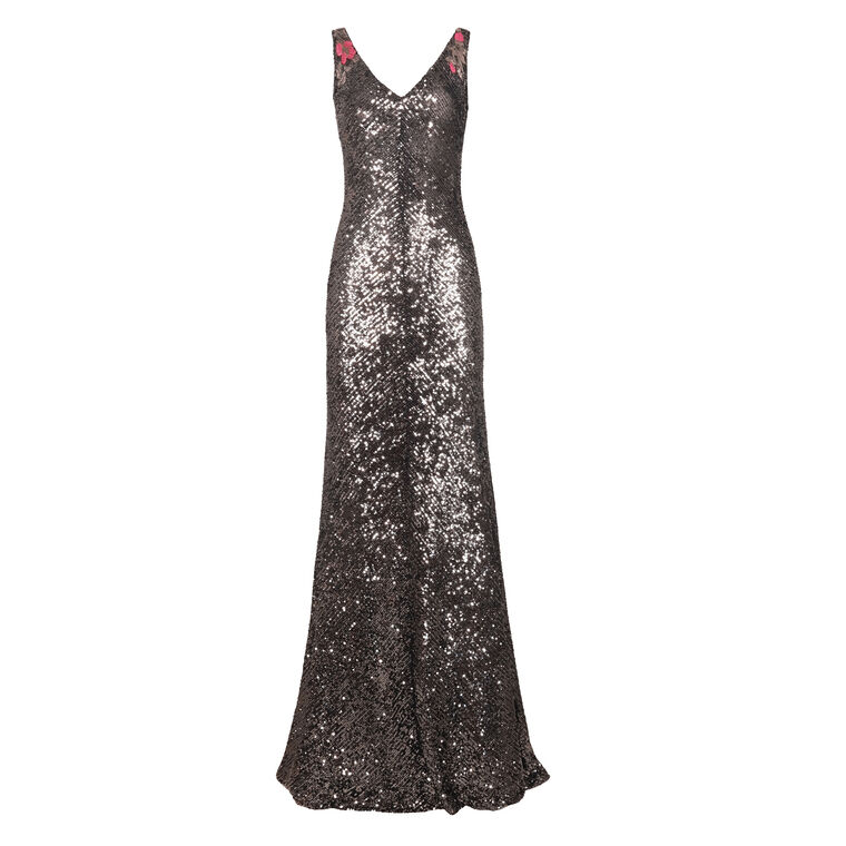 Sleeveless Floral Applique Stretch Sequin V-Neck Gown image number null