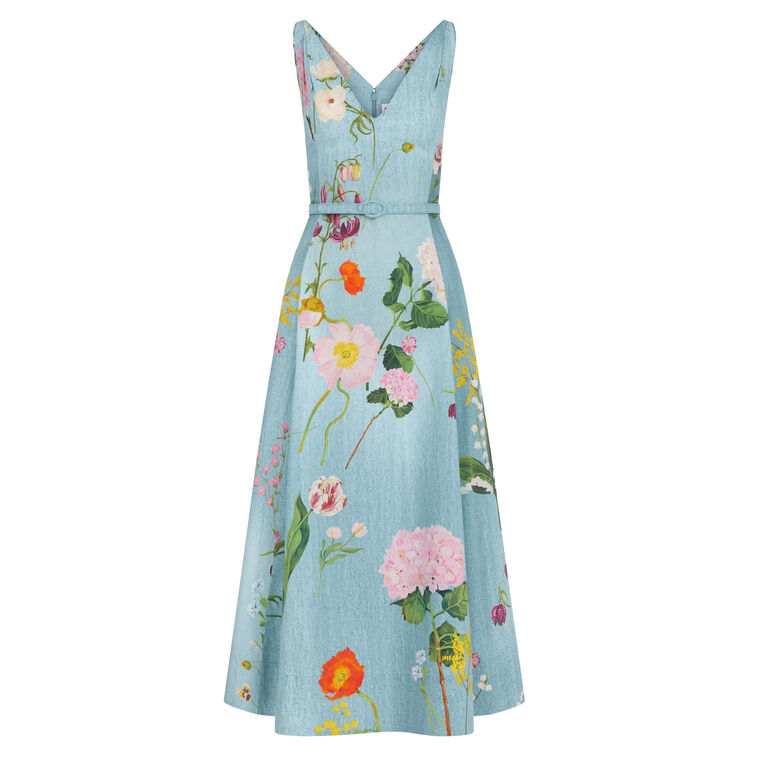 Sleeveless V-Neck Belted Mixed Botancial Cotton Poplin Midi Dress image number null