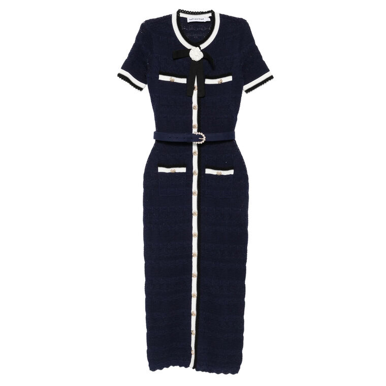Short Sleeve Pointelle Knit Belted Midi Dress image number null