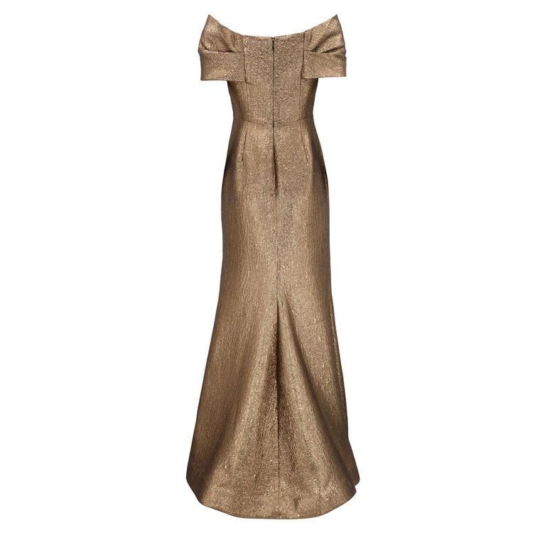 Metallic Jacquard Twist Bodice Off Shoulder Gown image number null