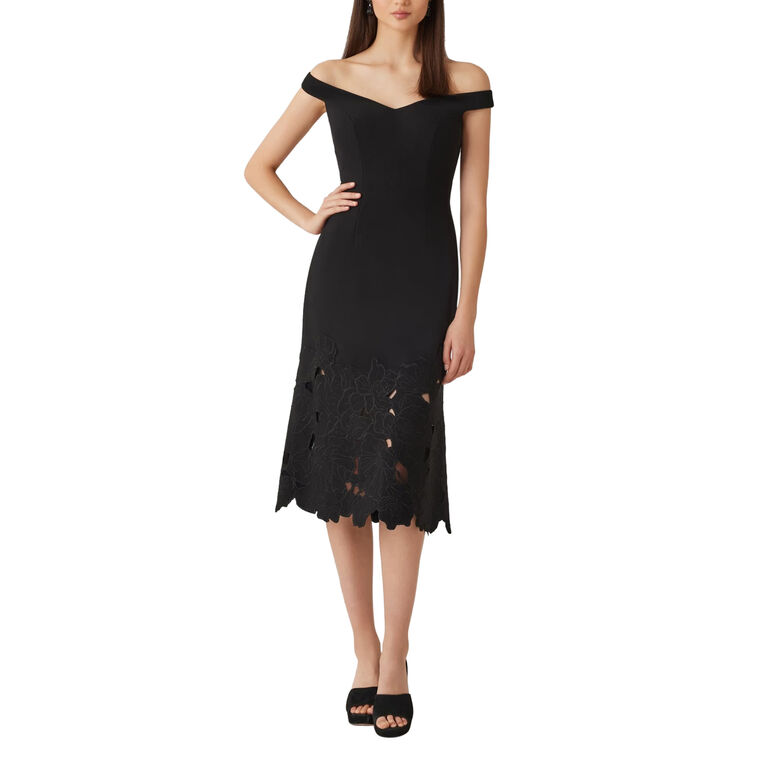 Off-The-Shoulder Sweetheart Neckline Ponte Flower Trim Midi Dress image number null