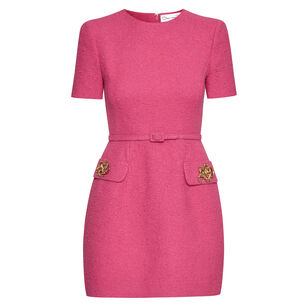 Short Sleeve Tweed Day Dress With Rose Button Detail