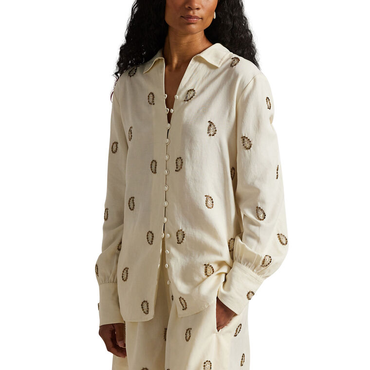 Beaded Woven Long Sleeve Collared Blouse image number null