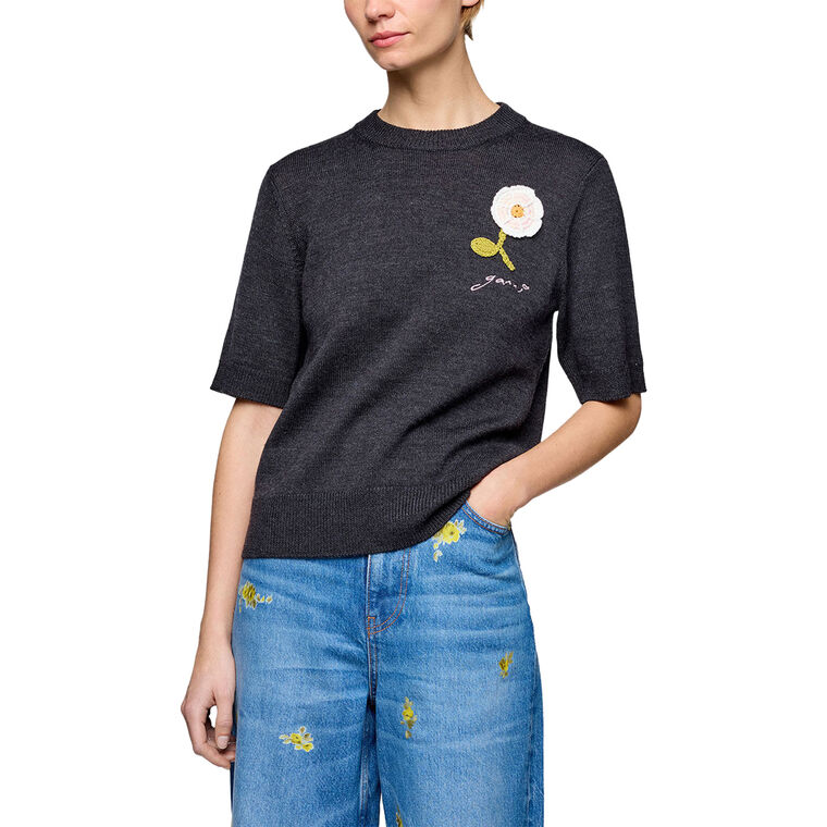 Short Sleeve Cotton Jersey Baby Fit Crochet Applique Tee image number null