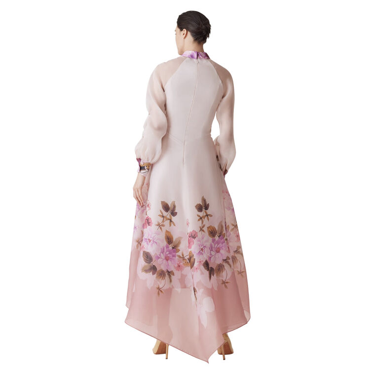 Organza Jewel Button Long Sleeve Printed Flower Midi Dress image number null