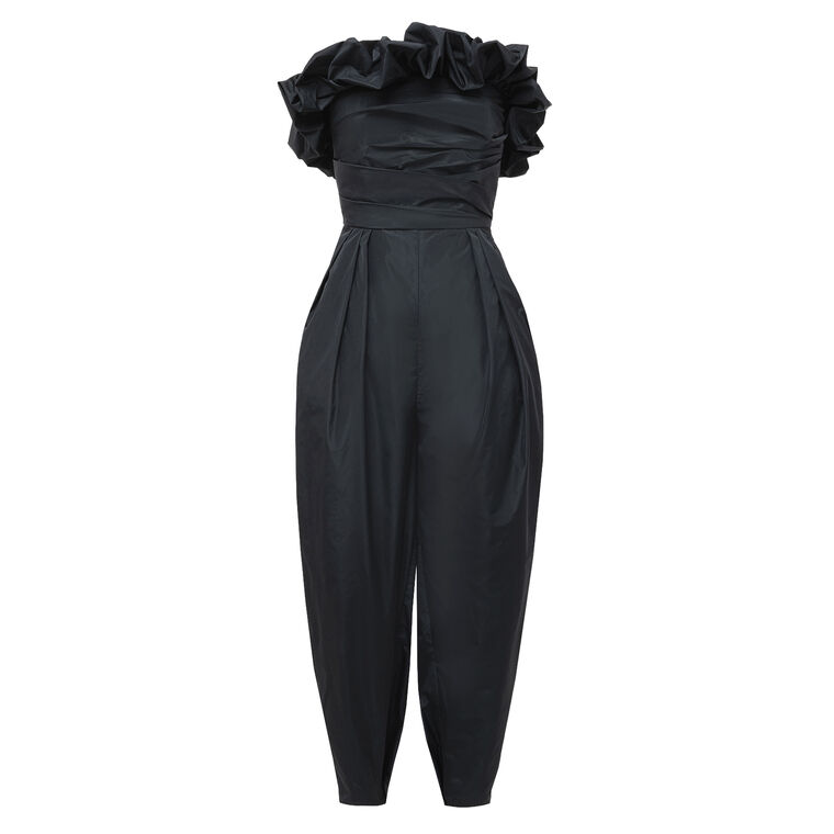 Draped Strapless Taffetta Jumpsuit With Ruffle Details image number null