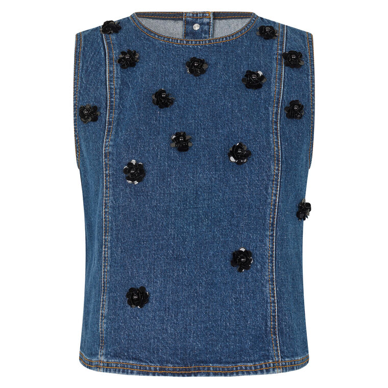 Madine Sleeveless Denim Sequin Flower Top image number null