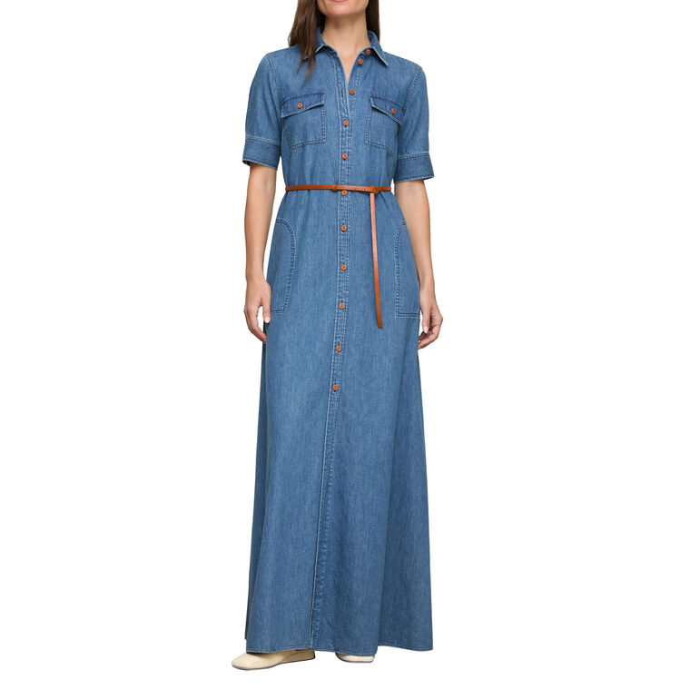 Short Sleeve Patch Pocket Chambray Maxi Shirtdress image number null