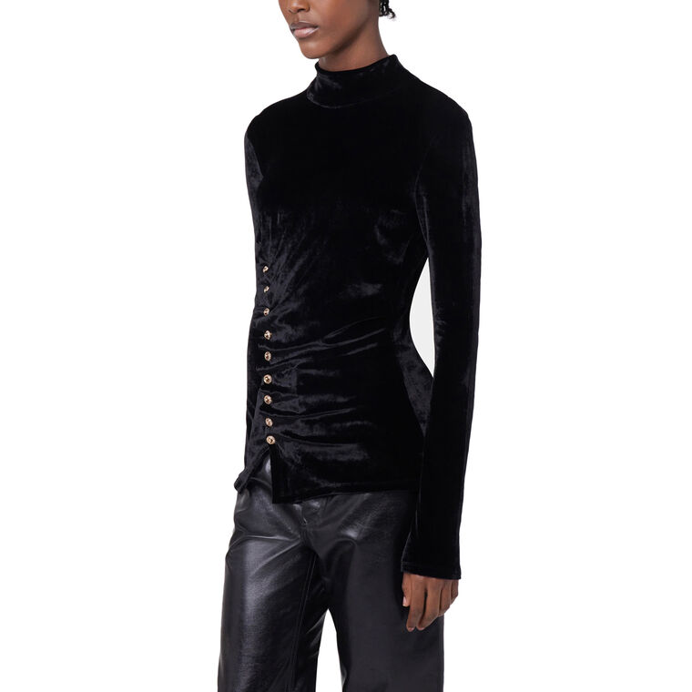 Long Sleeve Ruched Velvet Draped Top image number null