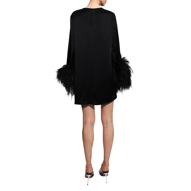Long Sleeve Satin Shift Dress With Feather Cuffs image number null