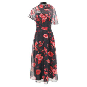 Floral Printed Glenn Plaid Draped Chiffon Dress