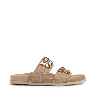 Dilys Two-Band Embellished Frayed Linen Sandals