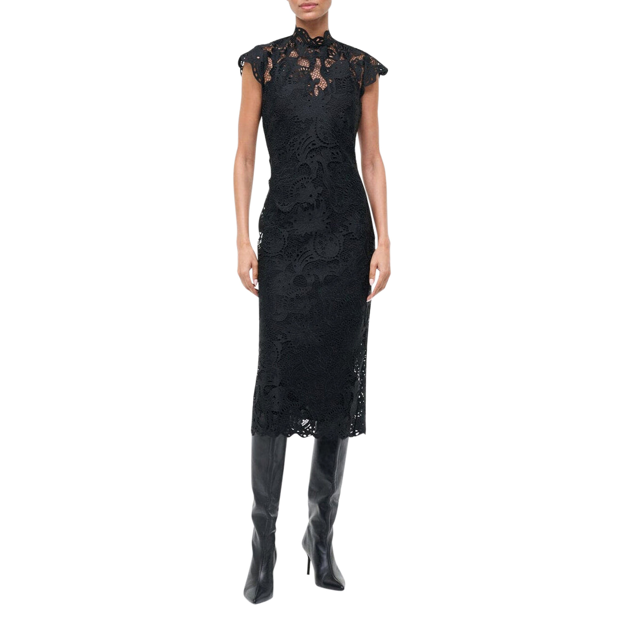 ワンピース Rosaline Lace Trimmed Dress Staud Rosaline Short Sleeve Mock Neck Lace Midi Dress | Tootsies