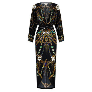 Long Sleeve Split Front Twist Midi Dress