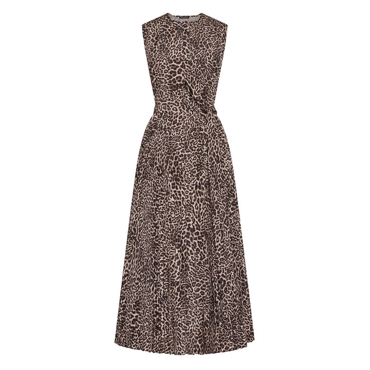 Stella Sleeveless Leopard Print Pleated Midi Dress image number null