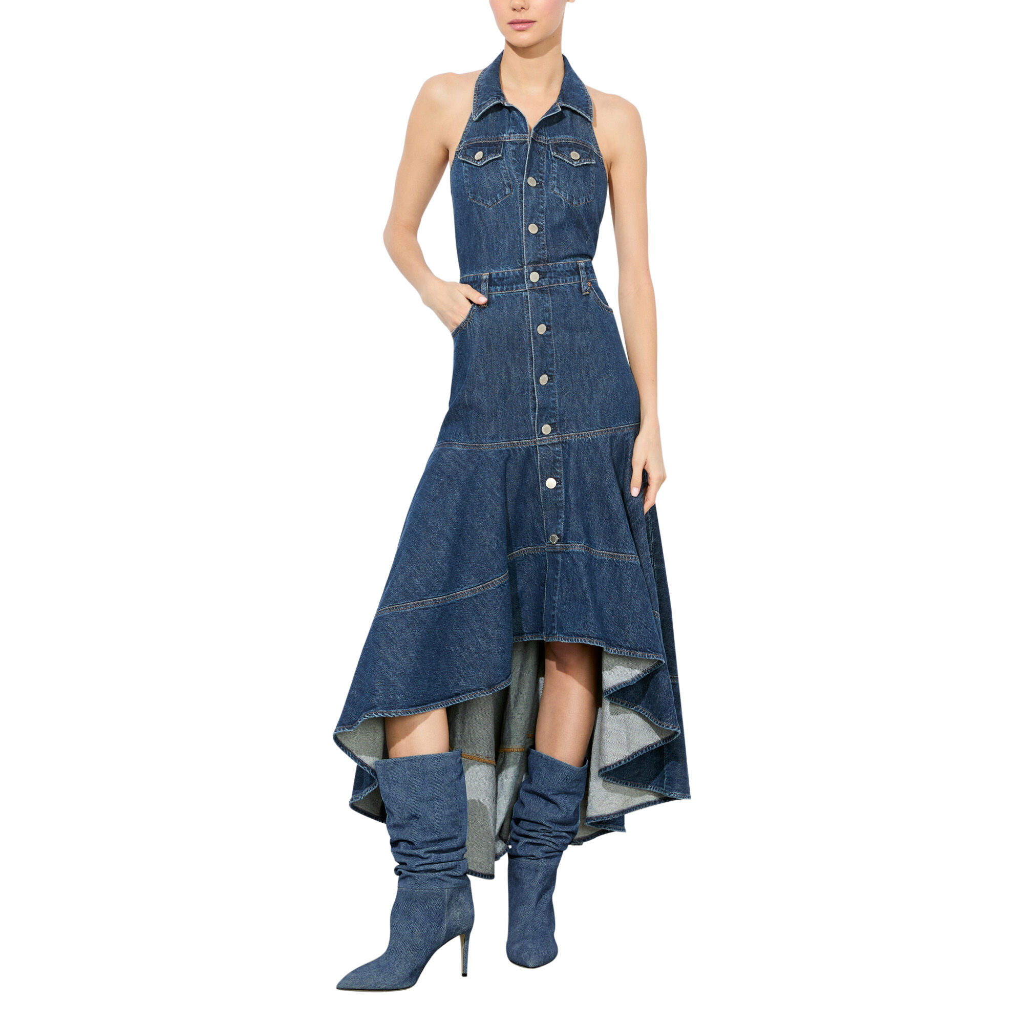 Alice + Olivia Juana Halter Neck High Low Denim Dress | Tootsies