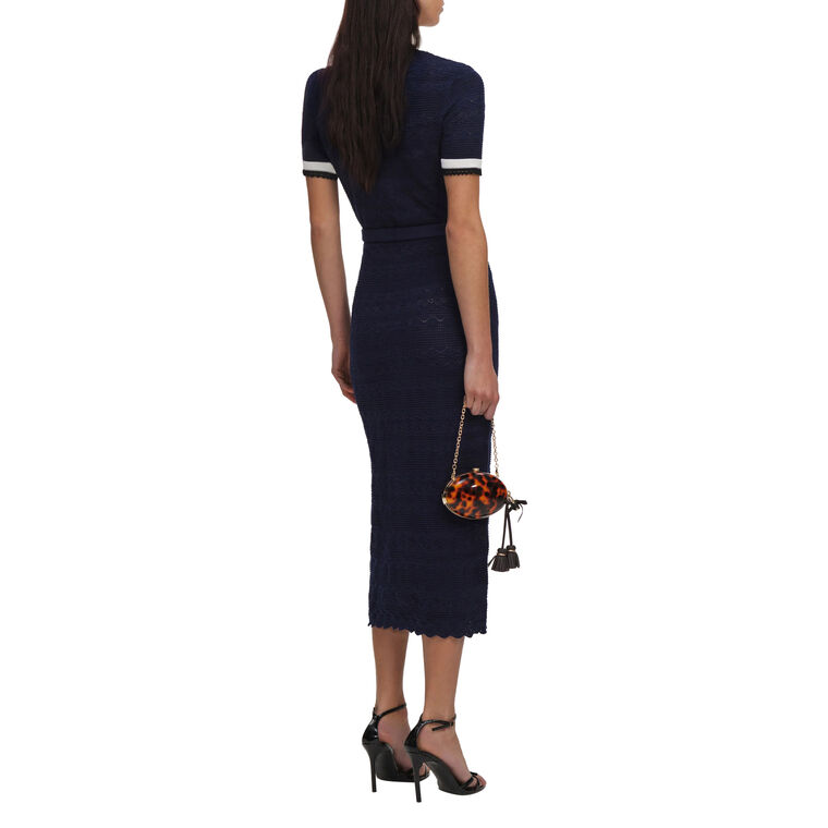 Short Sleeve Pointelle Knit Belted Midi Dress image number null