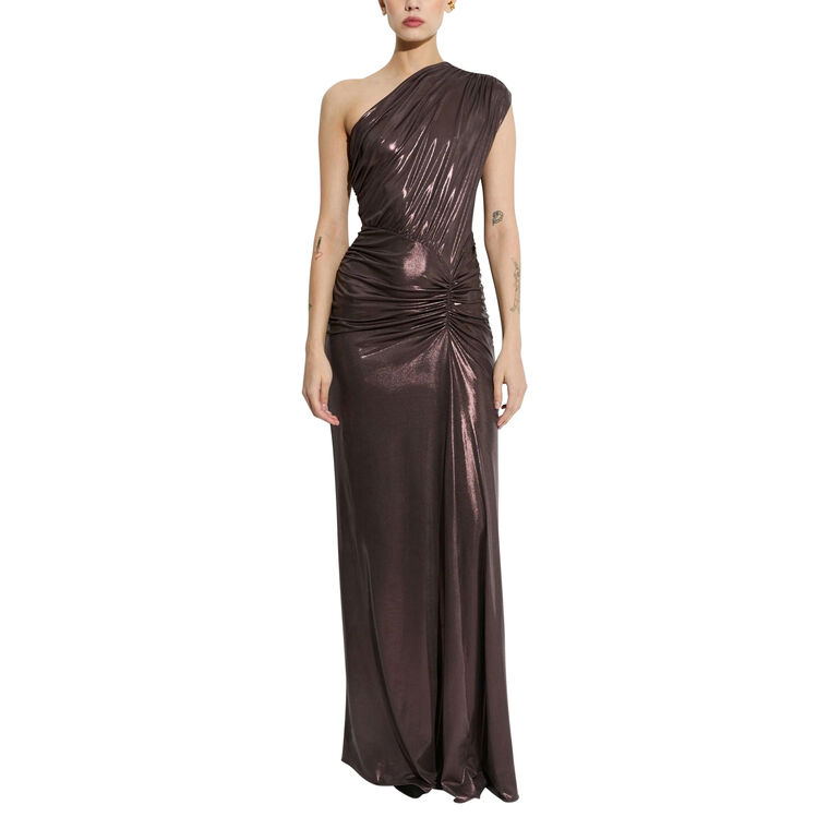 Coated Jersey One Shoulder Ruched Maxi Dress image number null