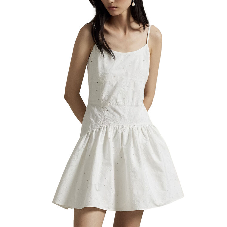Eyelet Paneled V-Neck Sleeveless A-Line Cotton Mini Dress image number null