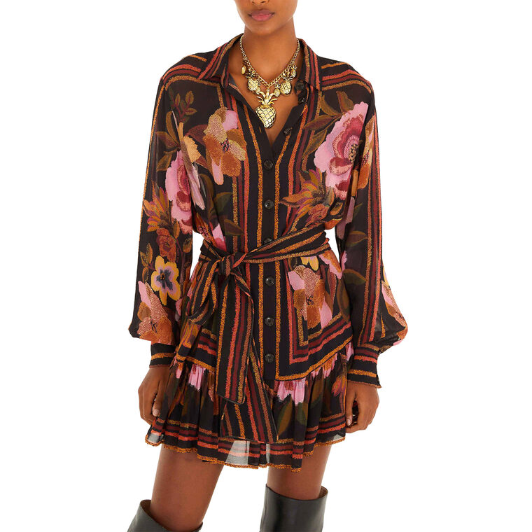 Chenille Flowers Print Long Sleeve Belted Mini Dress image number null