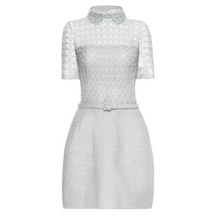 Short Sleeve Geometric Floral Guipure Tweed Belted Mini Dress