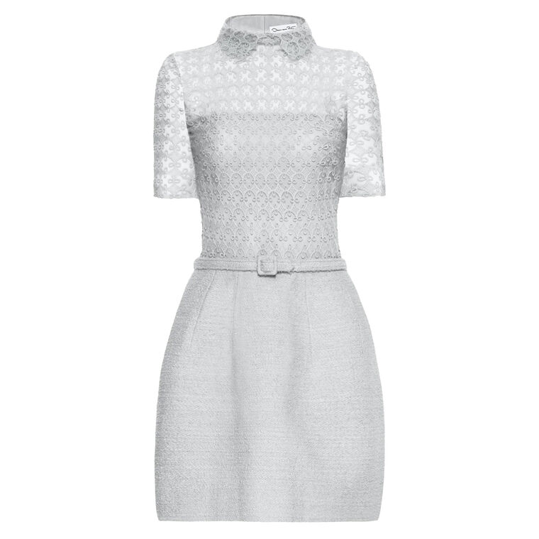 Short Sleeve Geometric Floral Guipure Tweed Belted Mini Dress image number null