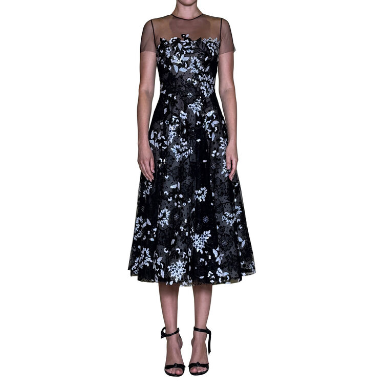Illusion Neckline Short Sleeve Floral Midi Dress image number null