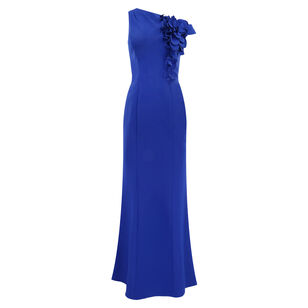 Stretch Crepe One-Shoulder 3D Flower Trim Gown