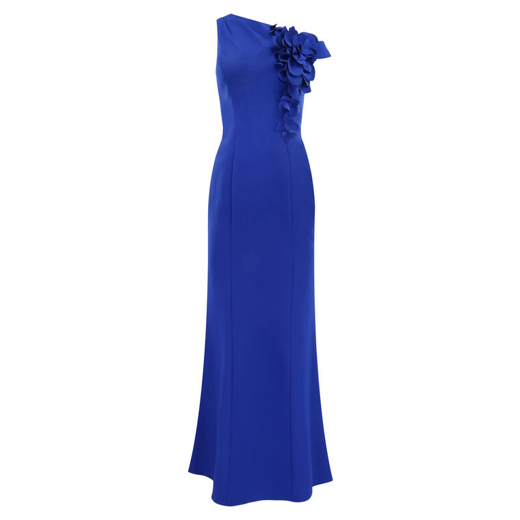 Stretch Crepe One-Shoulder 3D Flower Trim Gown image number null