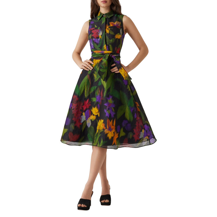 Silken Linen Hazy Floral Sleeveless Midi Shirt Dress image number null