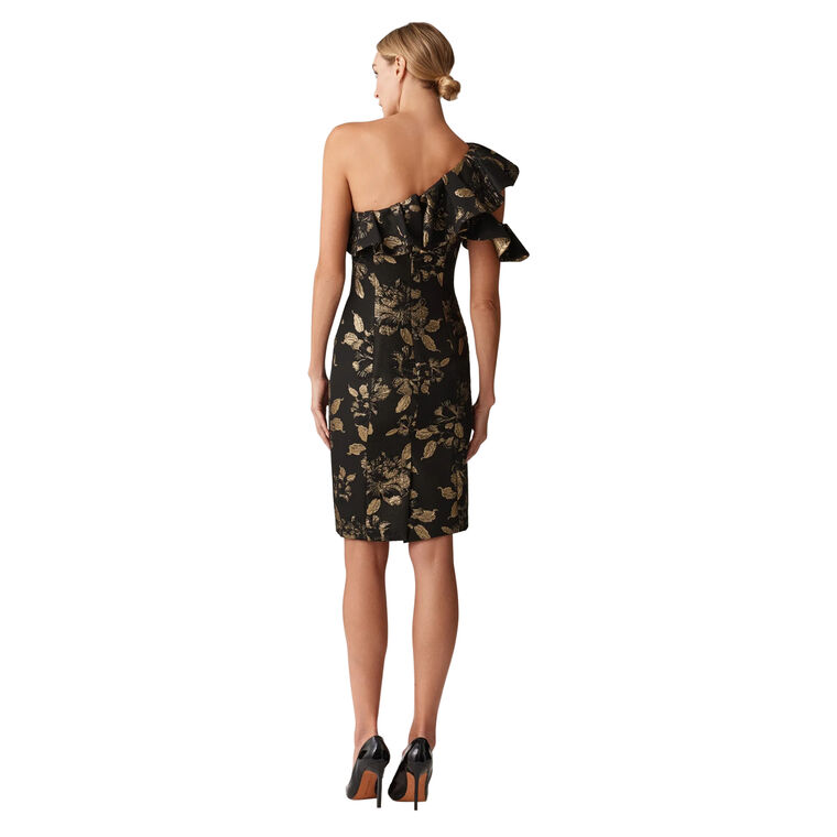 Floral Metallic Jacquard Ruffled One-Shoulder Dress image number null