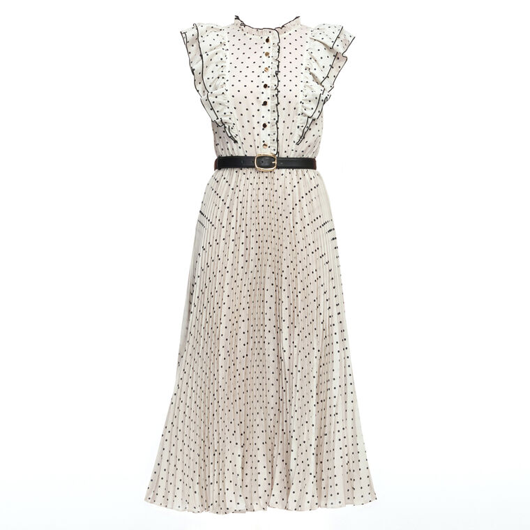 Cap Sleeve Belted Polka Dot Midi Dress image number null