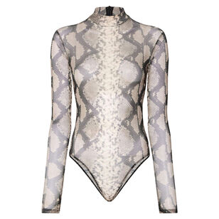 Long Sleeve Printed Mesh Mock Neck Bodysuit