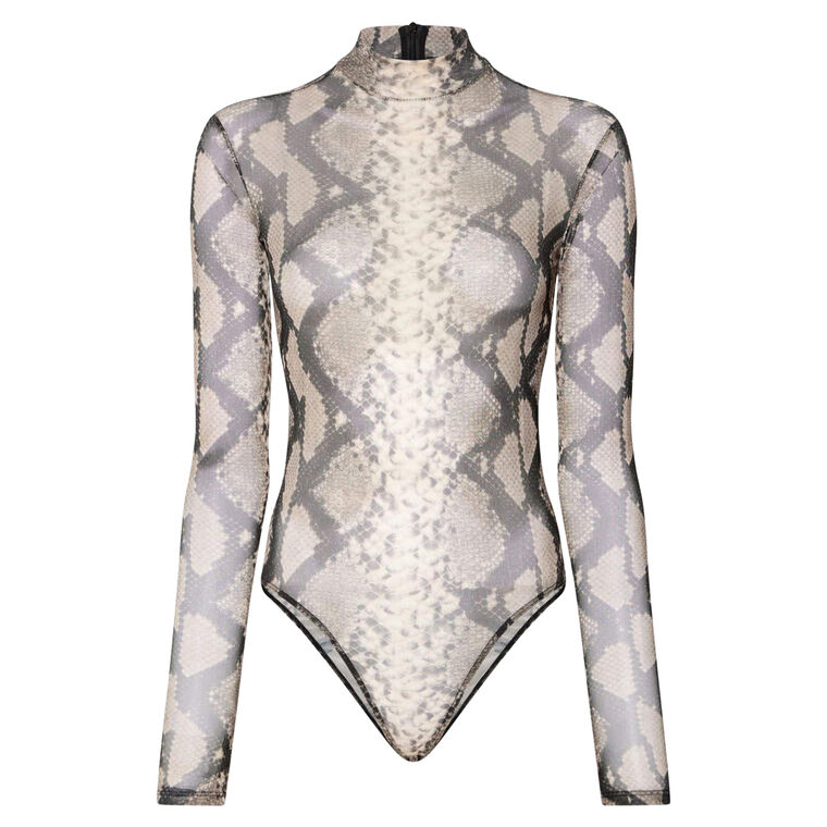 Long Sleeve Printed Mesh Mock Neck Bodysuit image number null