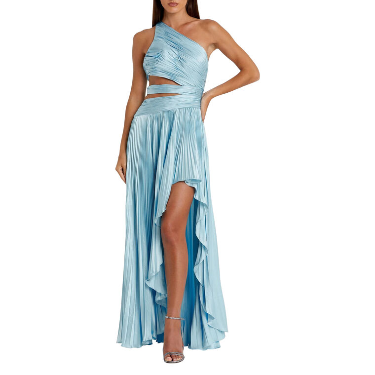 One Shoulder Cut Out Pleated Charmeuse Gown With Slit image number null