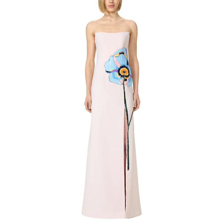 Jessine Strapless Floral Applique Crepe Gown With Cape image number null