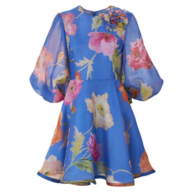 Puff Sleeve Crewneck Mini Dress With Flower Print image number null