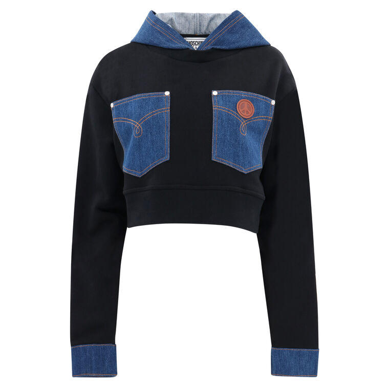 Denim Patchwork Fleece Hooded Sweatshirt image number null