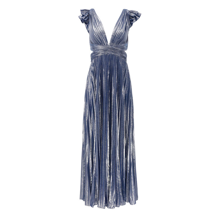 Ruffle Sleeve Cutout Pleated Metallic Gown image number null