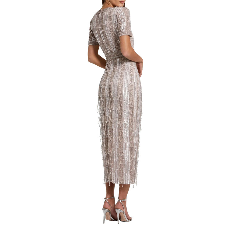 Beaded High Neck Short Sleeve Crystal Fringe Midi Sheath Dress image number null