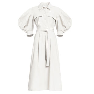 Belted Pleated Cotton Midi Dress