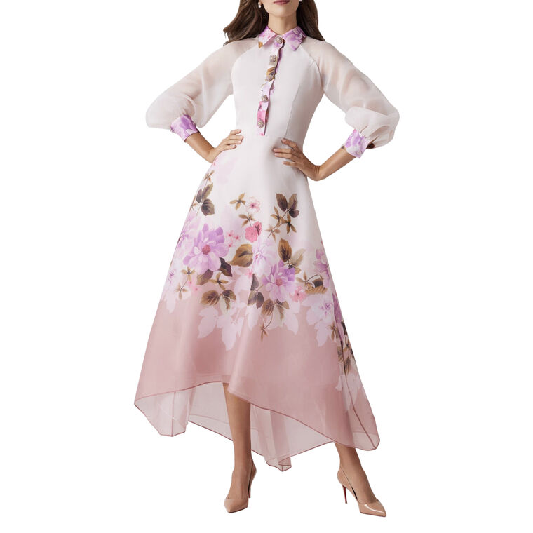 Organza Jewel Button Long Sleeve Printed Flower Midi Dress image number null