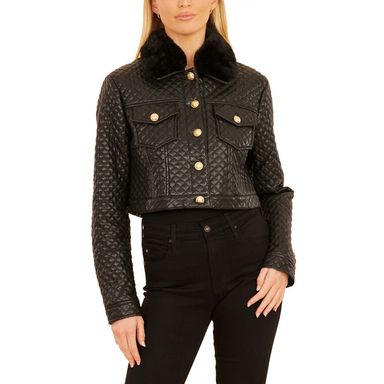 Vegan Leather Quilted Jacket With Removable Collar image number null